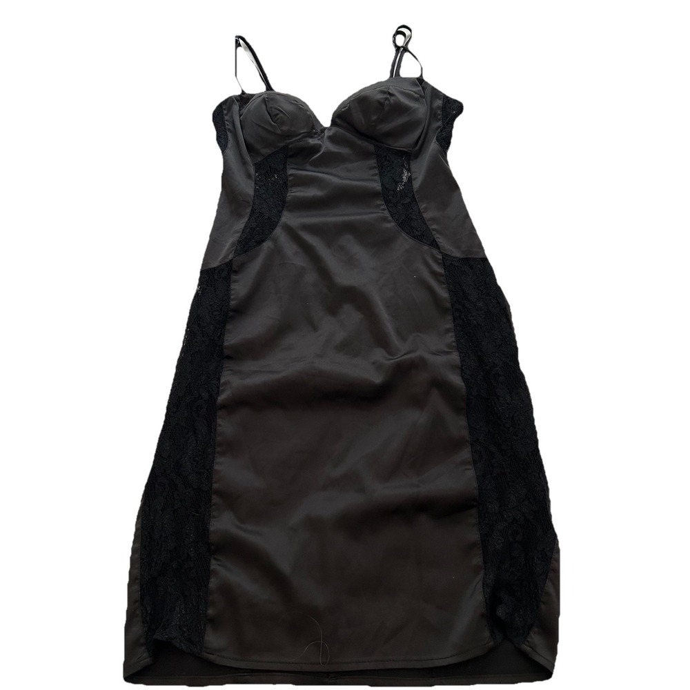 Rubber Ducky Productions Black Satin Lace Panel Mini Dress Sweetheart Neckline
